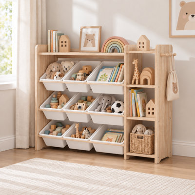 Kids Toy Storage Organizer White and Natural Wood 3 Tiers with 9 Storage Bins