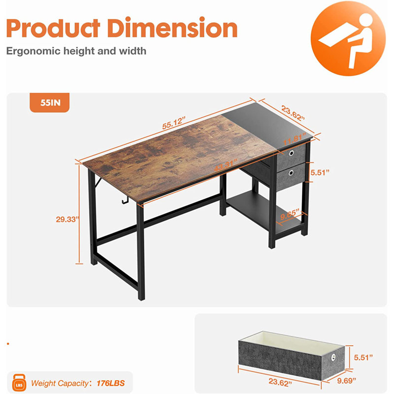 Bureau d'écriture avec 2 tiroirs Norrington, Noir / brun rustique, H 29,3 po x l 55 po x P 23,6 po