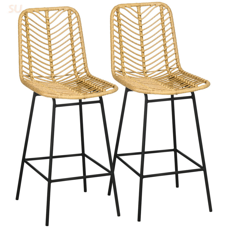 Rattan Bar Stools Set Of 2, 26 Inch Counter Height With Breathable Wicker Seat And Back For Boho Kitchen Decor, Bar Stool