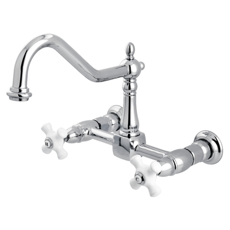 Kingston Brass Duchess Double-Handle 2-Hole Wall-Mount Bridge Kitchen Faucet, Polished Chrome/ Trim White