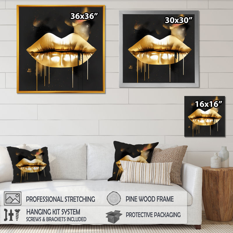 Lèvres d'or de luxe II sur toile, Cadre photo noir, H 16 po x l 16 po x P 1 po