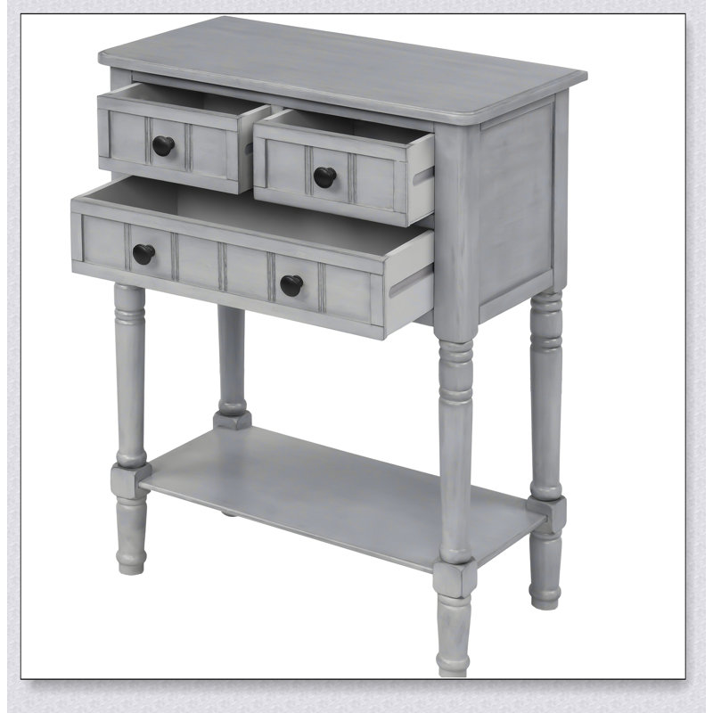 Console étroite avec trois tiroirs de rangement et une tablette inférieure, parfaite pour organiser et améliorer les petits espaces