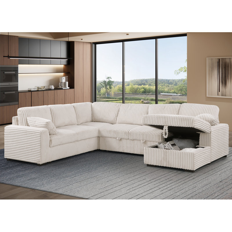 Canapé-lit modulaire en U avec lit escamotable et rangement, Chenille beige
