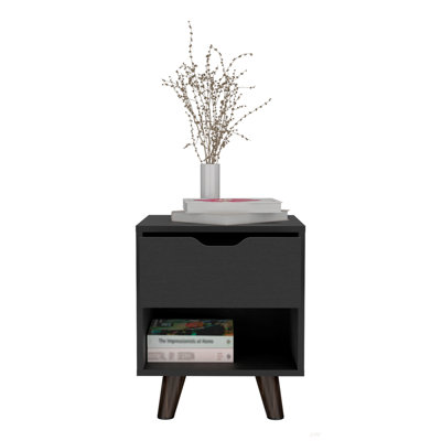 Nightstand With 1 Open Storage Shelf, 1 Drawer And Wooden Legs