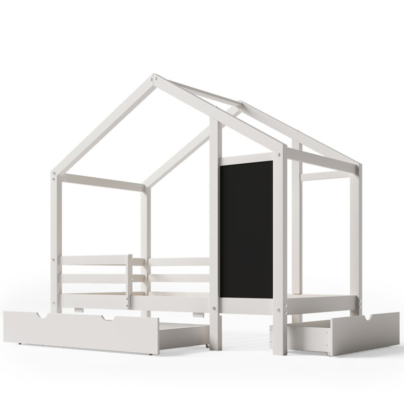 Lit simple avec tableau noir et tiroirs, deux options d'assemblage, blanc