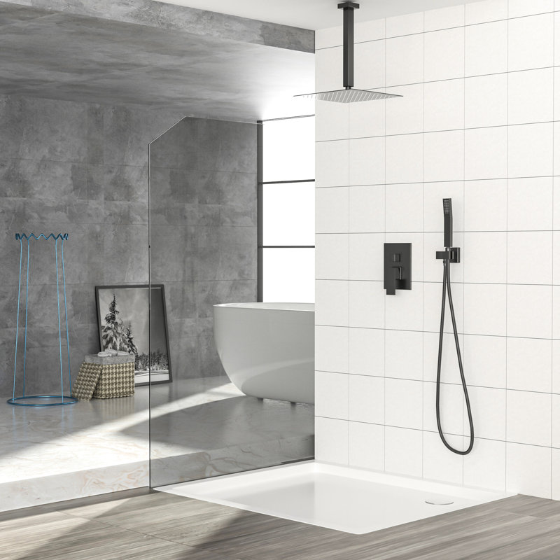 10 Inch Square Dual Shower Head Matte Black Ceiling Mount System With - Balanced Valve, Easy Installation, And Included Handheld Function Mounted