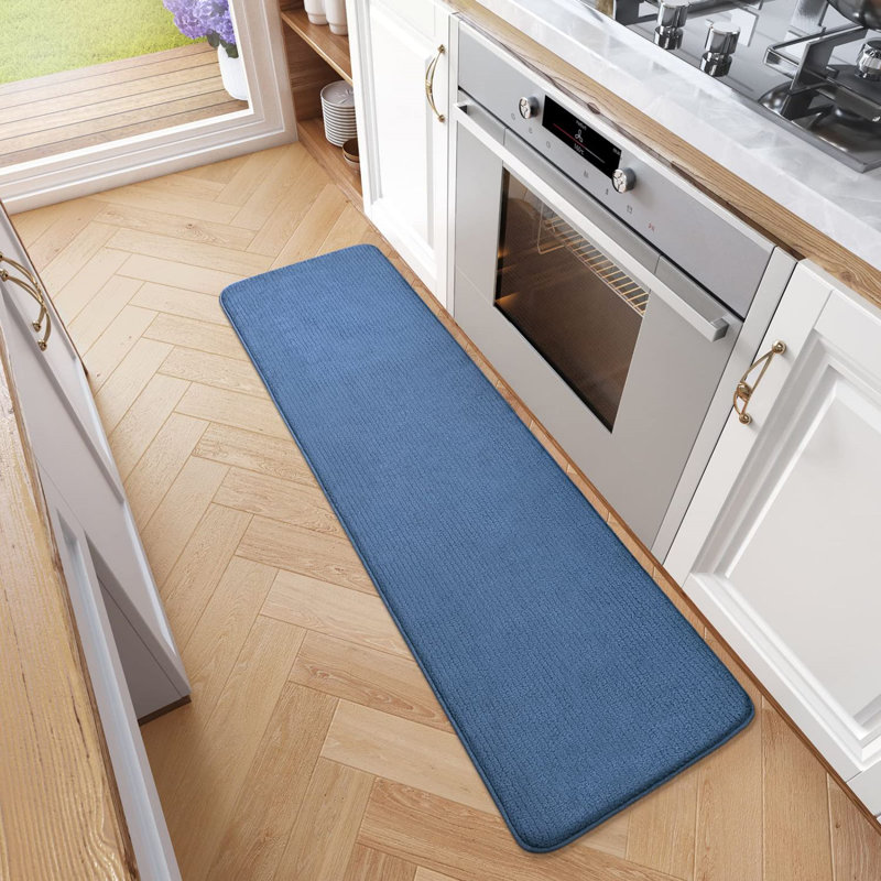 Dawon Solid Color Polyester Non-Skid Kitchen Mat, Rectangle 6'7" x 1'5", Blue