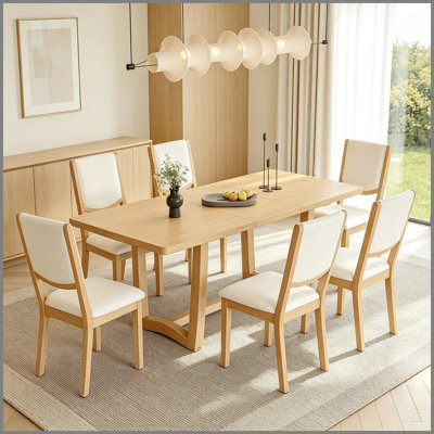7-Piece Extendable Dining Table Set for 6, Rectangular Kitchen Table with 6 Upholstered Chairs, Curved Back Dining Chairs for Dining Room(Natural)