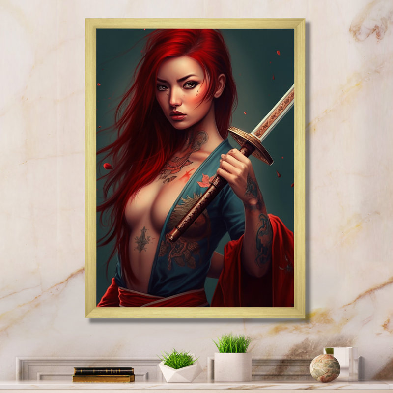 Samurai Cyberpunk Chick II - impression, H 20 po x l 12 po x P 1 po, Encadrement doré