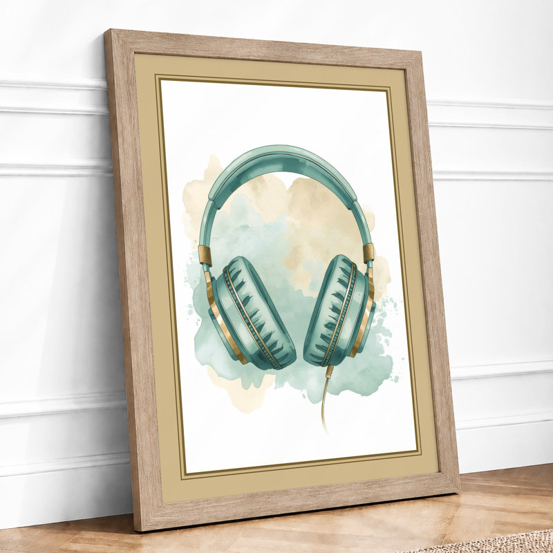 Headphones in Teal Modern - Framed Print, A2 - 59.4 x 42.0 cm, Oak
