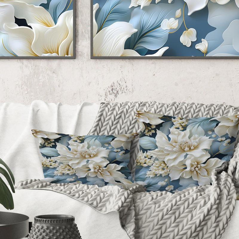 Coussin décoratif en polyester damassé blanc et bleu Misty, H 16 po x l 16 po