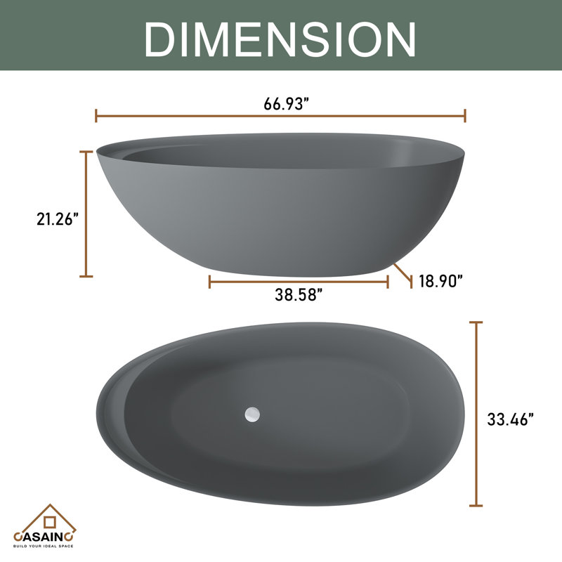 Hudson 67'' Freestanding Soaking Solid Surface Bathtub, Matte Gray