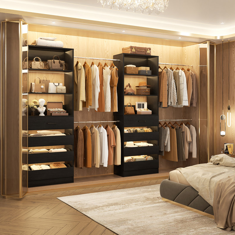 Walk-In 95.4”To 133.6” Closet System With 8 Wooden Drawers And 4 Hanging Rods, Black