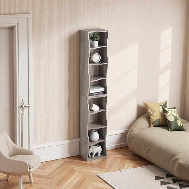 8-Tier Adjustable Shelf Bookcase With Wavy Border Design, Gray