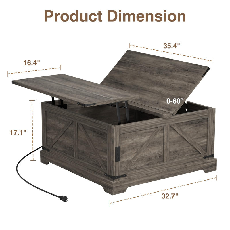 Lift Top Coffee Table With Storage, Rustic Brown, 17.1" H x 32.7" L x 32.7" W