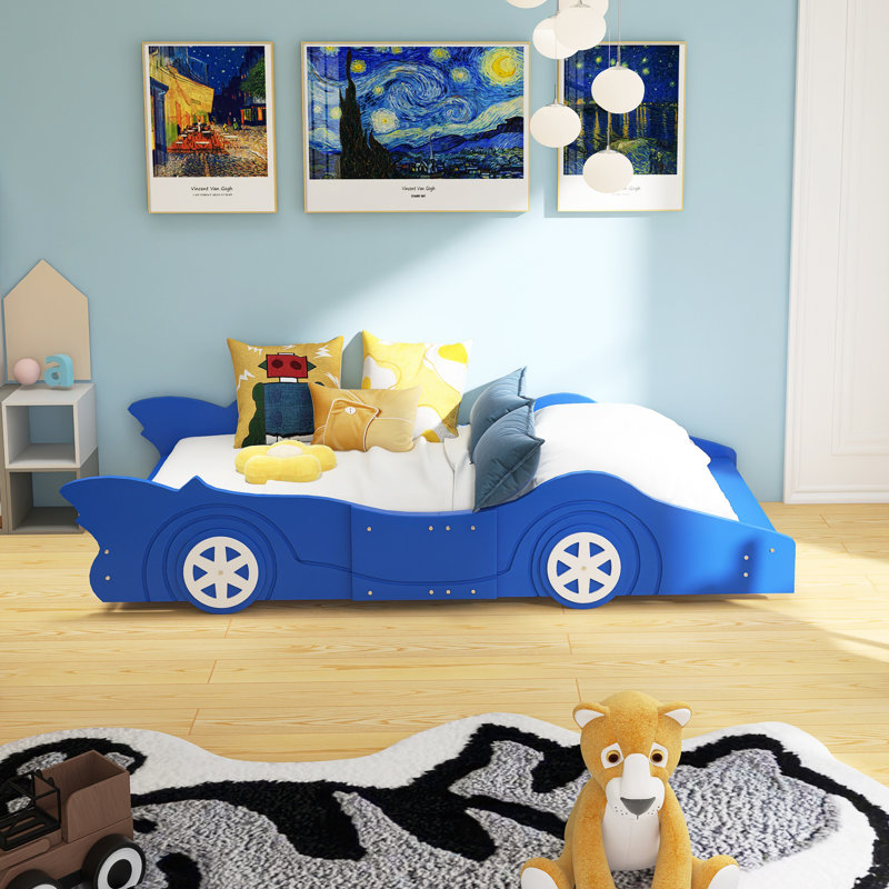 Race Car-Shaped Platform Bed with Wheels, Twin, Blue