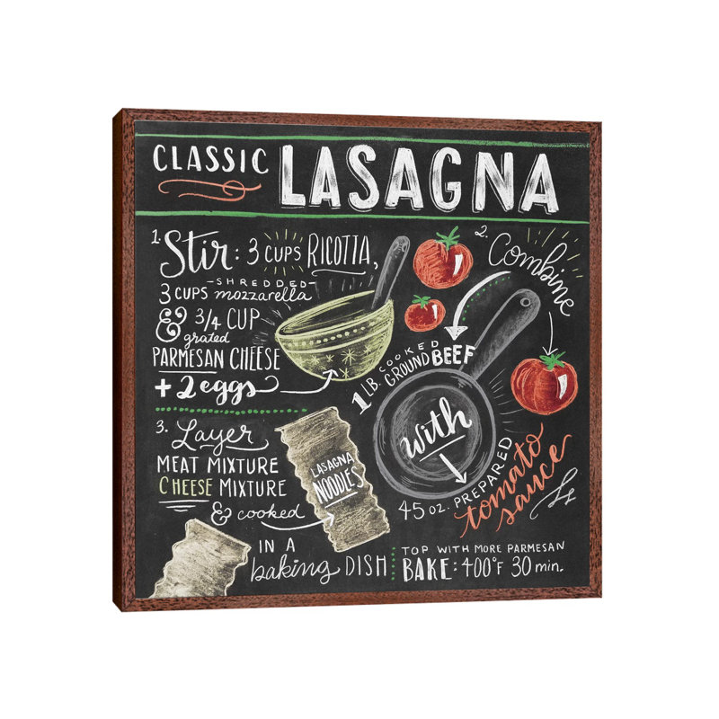 Lasagna Recipe - Print on Canvas, 66.04cm H x 66.04cm W x 3.81cm D, Classic Brown Wood Floater Framed