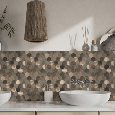 Dosseret hexagonal auto-adhésif à dosseret et mosaïque en cuivre et taupe aspect pierre de couleur taupe pour la salle de bain (6 feuilles, 11,3 po x 11,5 po)