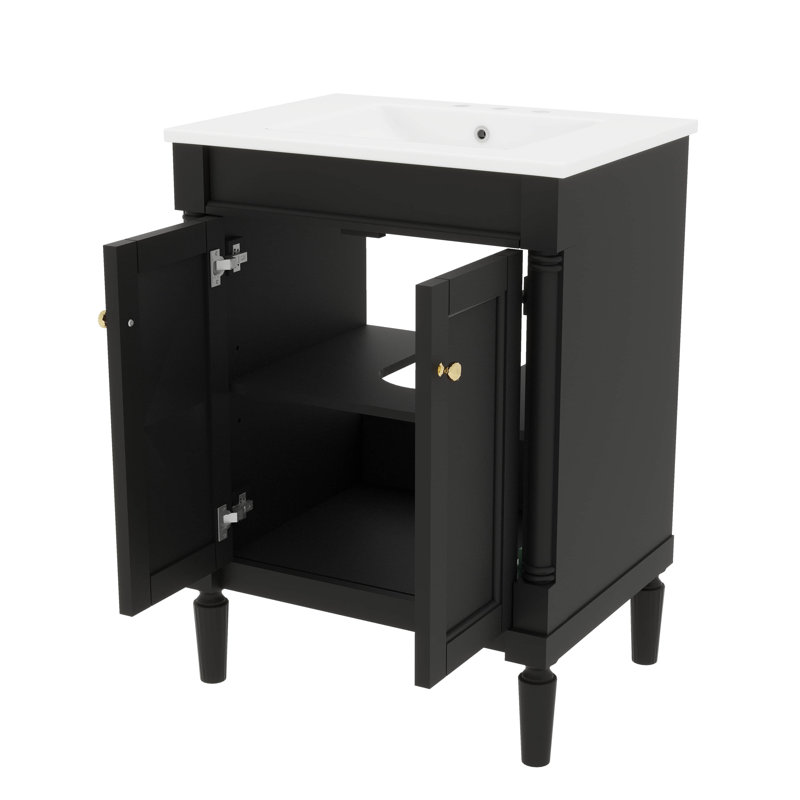 Meuble-lavabo de 24 po avec lavabo supérieur en céramique, grande armoire de rangement moderne à 2 niveaux, portes à fermeture douce, panneau de fibres à densité moyenne durable et structure en bois massif