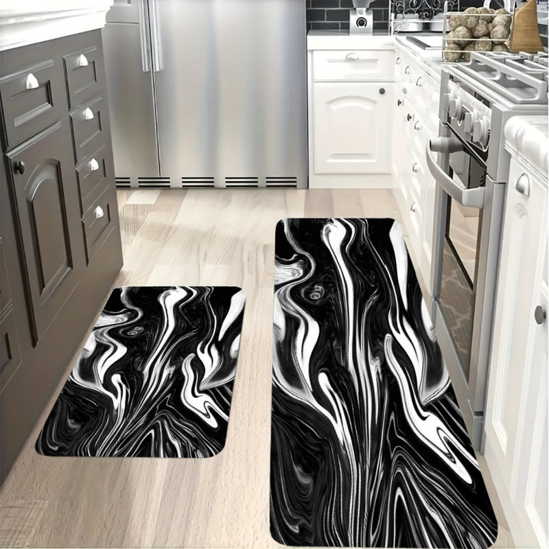 Ensemble de 2 tapis de cuisine noir et blanc à motif tourbillonnant en marbre