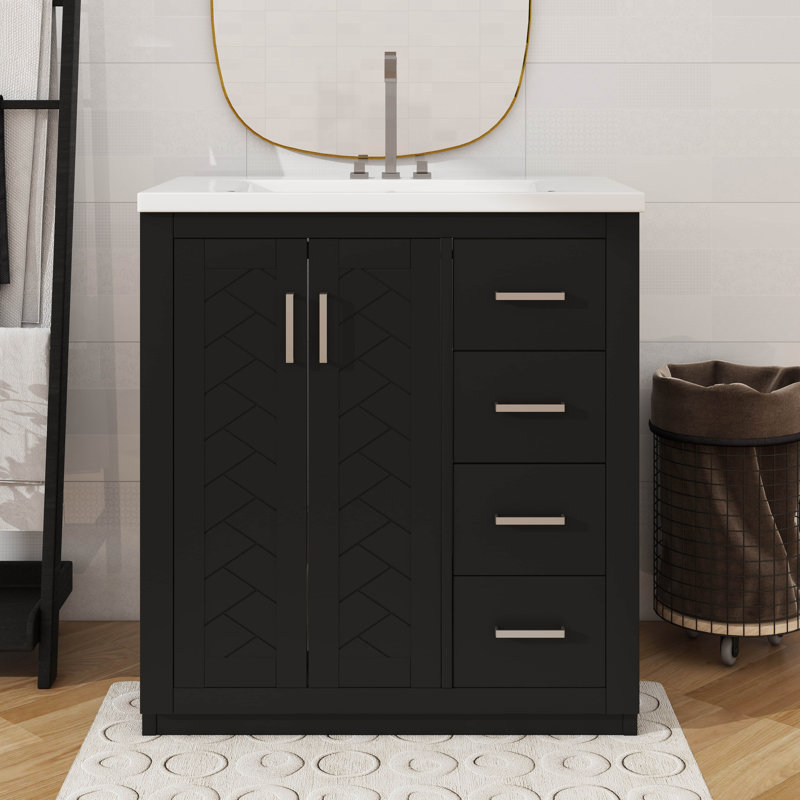 Meuble-lavabo de 30 pouces avec lavabo en céramique intégré et 3 tiroirs à fermeture silencieuse, Noir, Argent argent