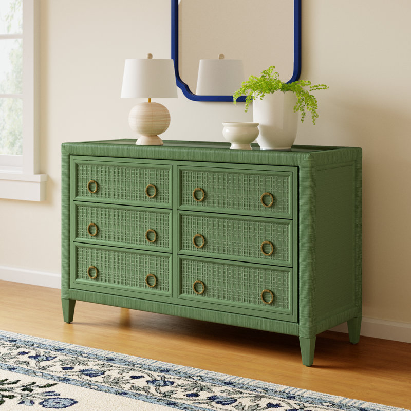Monterey 6 Drawer Wicker Dresser, Frost White, Yes, Brass