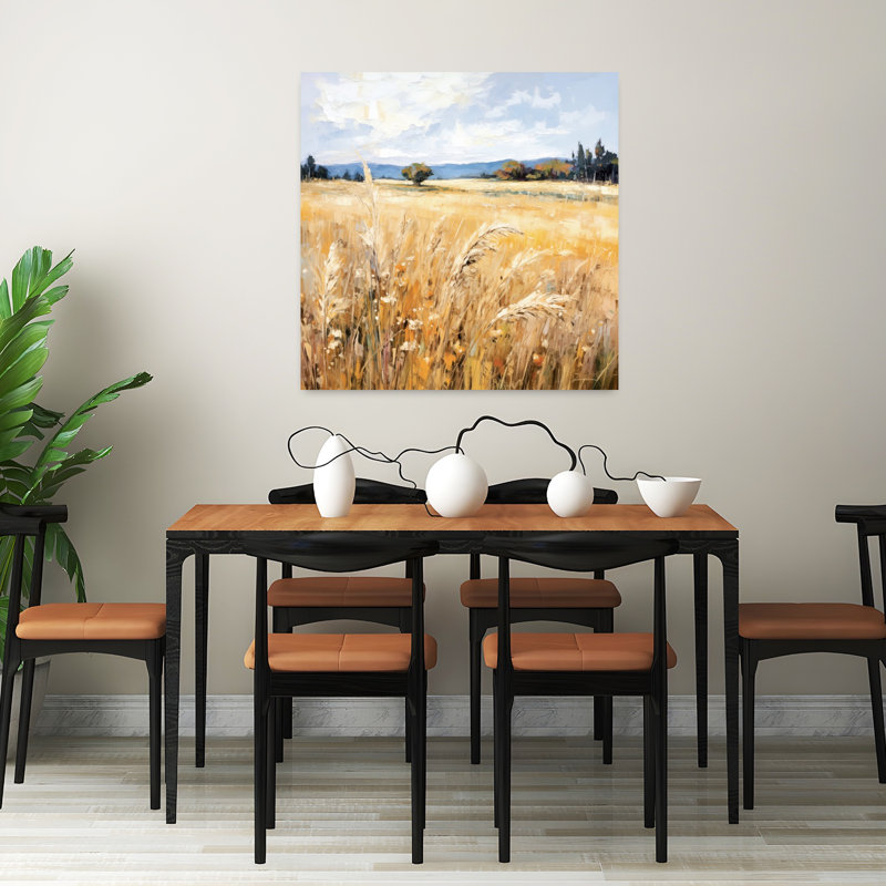 Art contemporain contemporain avec champ de blé doré et herbes hautes, H 32 po x l 32 po