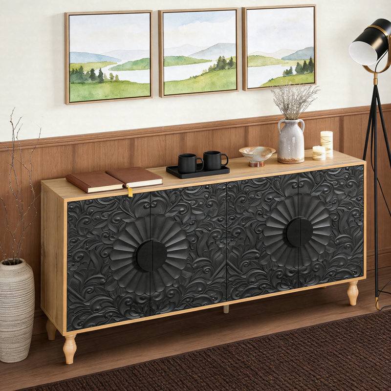Vintage Carved Door TV Stand Cabinet With Adjustable Shelves, Multi-Functional Media Storage Console, Natural