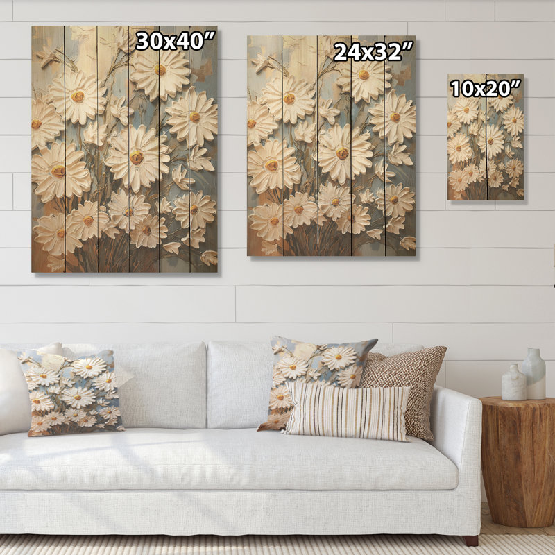 «White Daisy Blooming Elegance I» - marguerites blanches, art mural sur bois de pin naturel, H 20 po x l 10 po