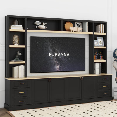 102.3"W Farmhouse 4-Piece Entertainment Center Wall Unit With Adjustable Shelves, Bookshelves For Tvs Up To 75", Rustic Media Console With 6 Drawers
