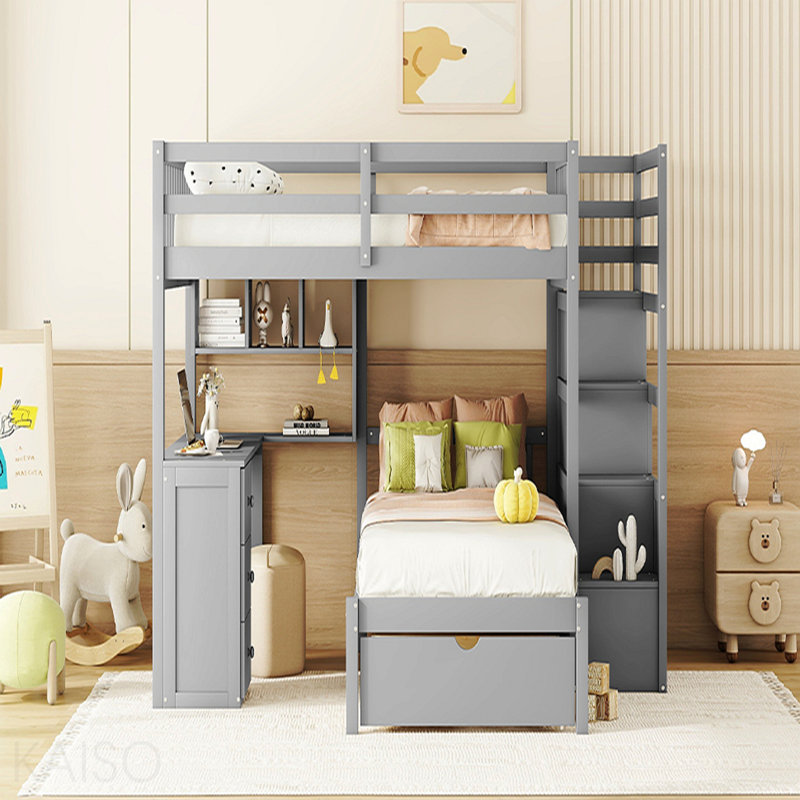 Lit superposé double au-dessus de simple avec bureau, tiroirs et tablettes, gris, Grey
