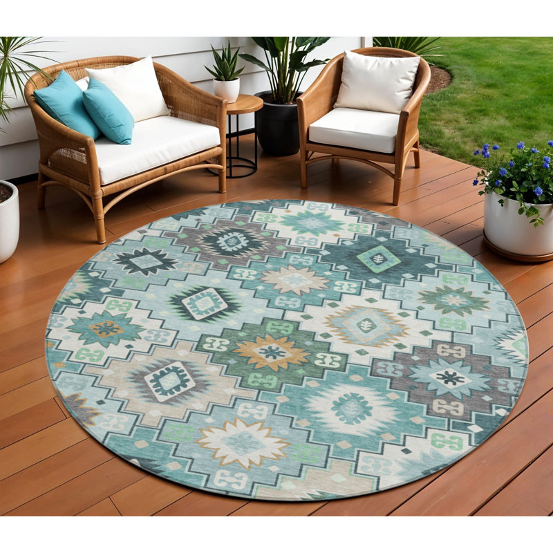 Tapis rond 8 pi bleu sarcelle beige et ivoire rond lavable Southwestern
