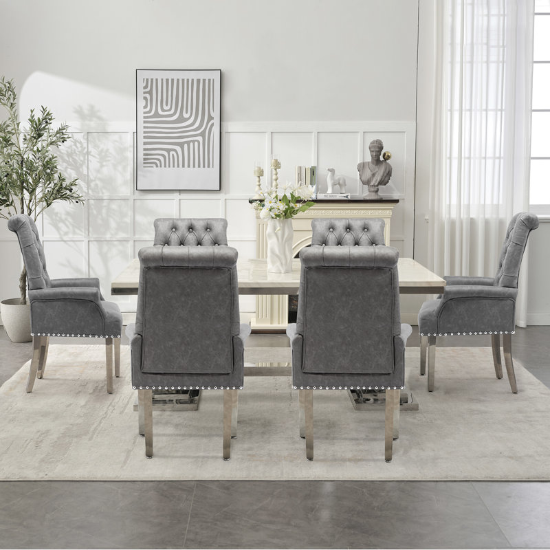 Chaises de salle à manger rembourrées à accoudoirs capitonnés, Cuir de polyuréthane gris