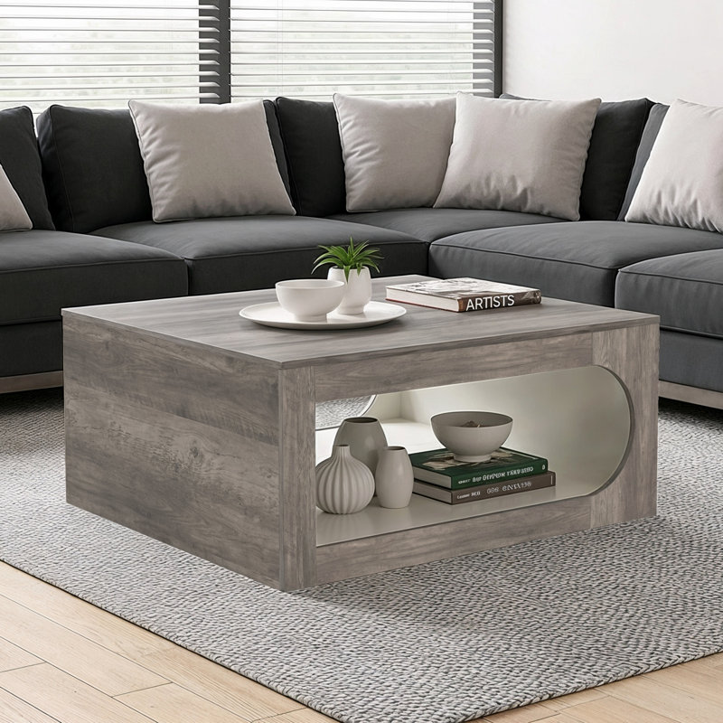 Table basse moderne carrée avec rangement Northfleet, Chêne gris noueux / ivoire