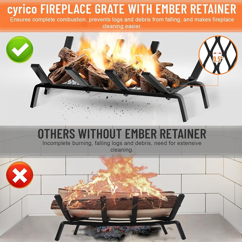 Grille de foyer avec support de braise, grille de bûche de 17 po en fonte massif, barre de 1/2 po, support pour foyer extérieur, foyer à bois, foyer à bois, camping