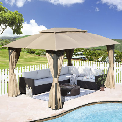 Gazebo 10X14ft For Lawn Entertainment - Double Roof, , Removable Curtains, Metal Frame, Brown Outdoor 10X14ft, Brown, Roofs, Privacy Tough Support, Patio, Backyard, Deck,