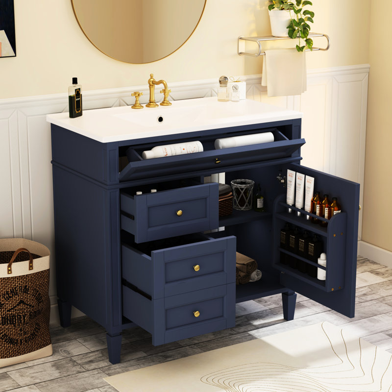 Meuble-lavabo moderne 36 po avec lavabo, armoire bleue 2 tiroirs et espaces de rangement fonctionnels, rangement efficace de style contemporain, attrait