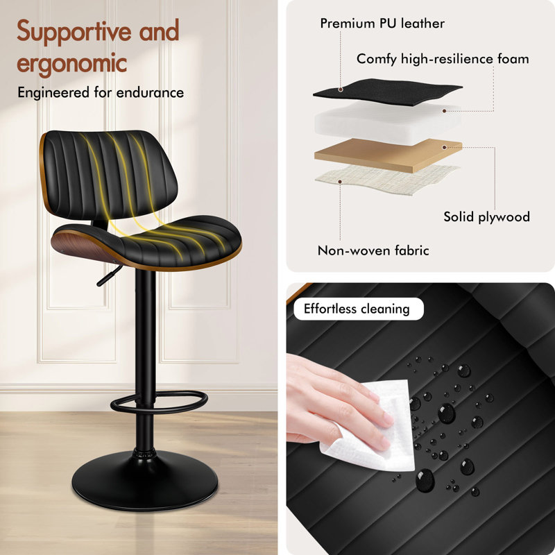Upholstered Adjustable Height Counter Stool with Solid Wood Frame