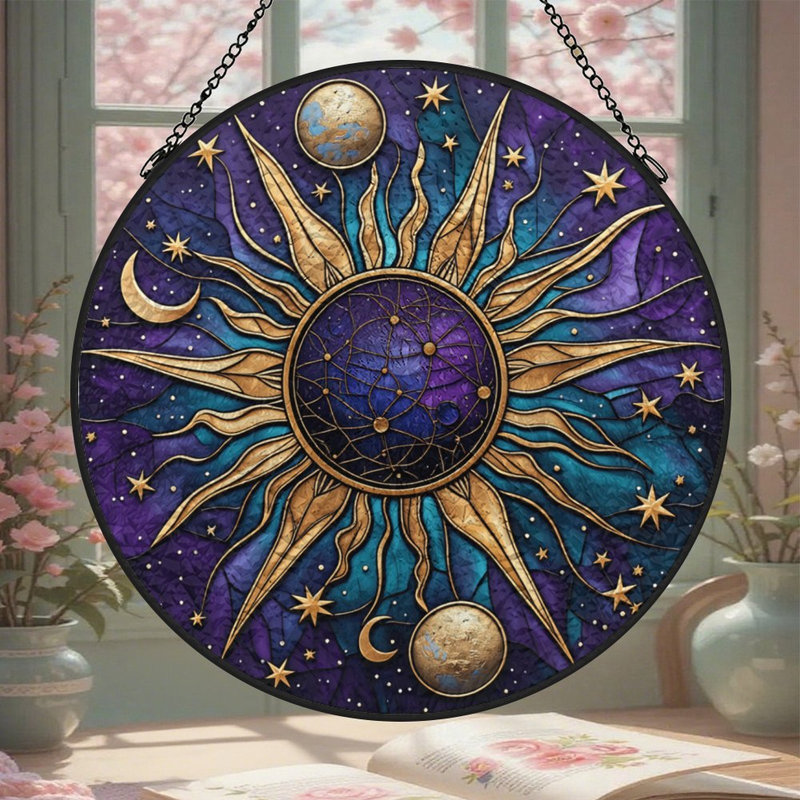 Panneaux de vitrail céleste Sun Moon, 7,8 x 7,8 po (20 x 20 cm)