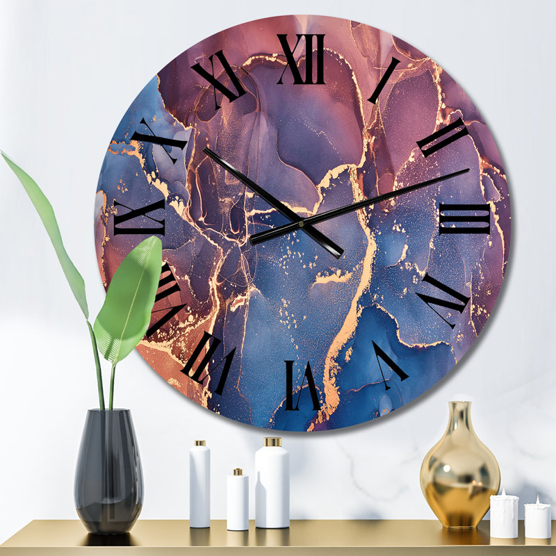 Red and Blue Gold infused Liquid Art I - Modern Wall Clock, Medium