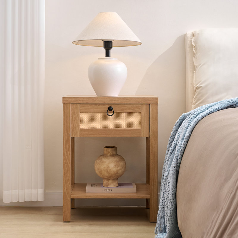 Rattan Nightstand With Drawer And Open Shelf, Boho Bedside Table, Cane Side Table For Bedroom & Living Room, Oak, Individual
