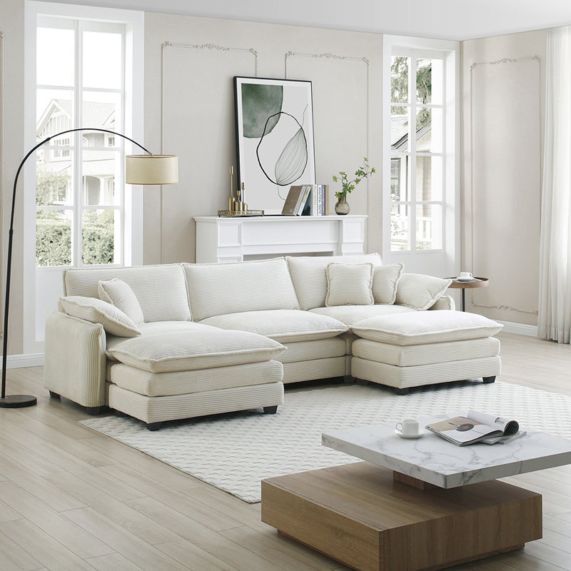 Oversized modular cushioned sofa with conversible ottoman, Beige