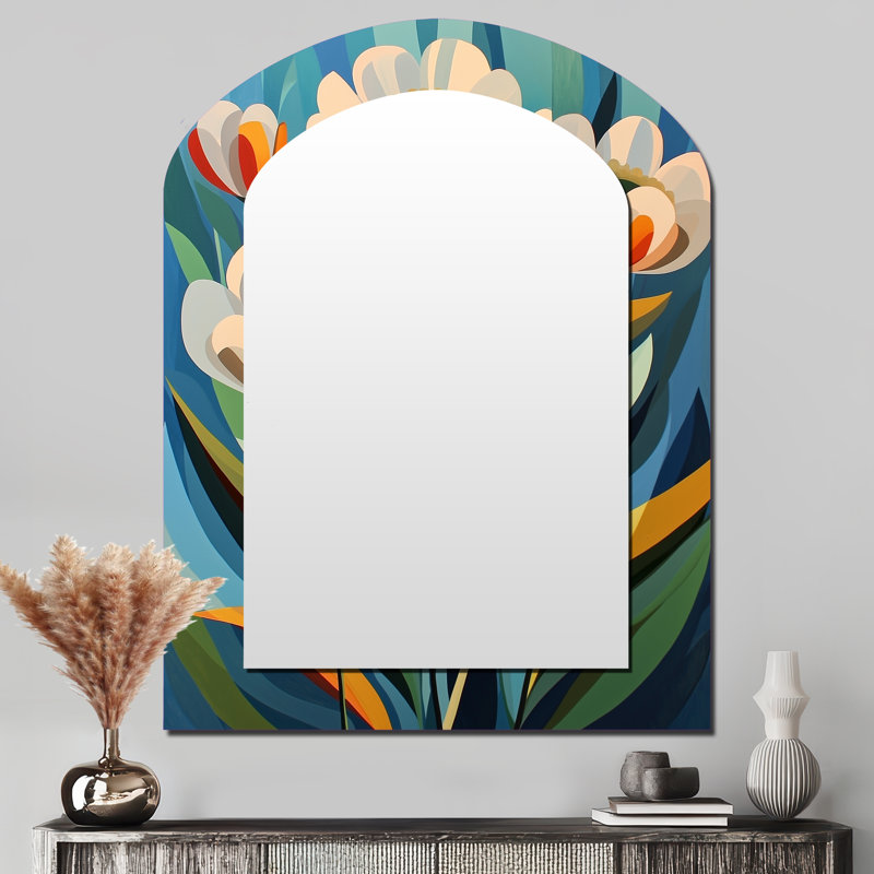 Désert en fleurs de fleurs de renoncule géométriques II - miroir arqué de Renoncule, 43 po x 33 po