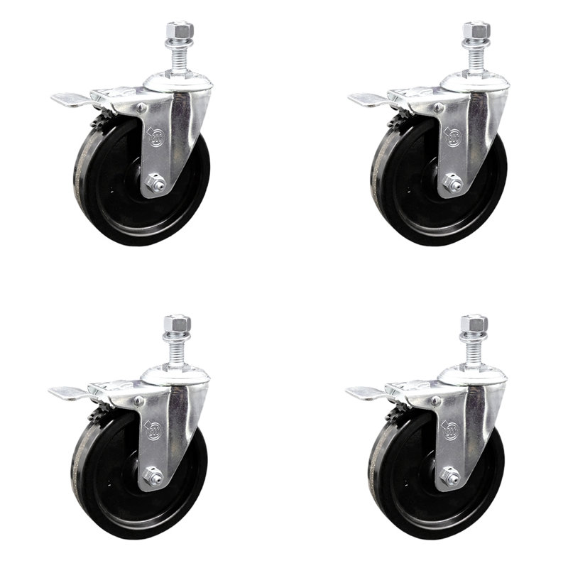 Ensemble de roulettes à tige filetée pivotante de 5 po avec frein verrouillable total de 12 mm