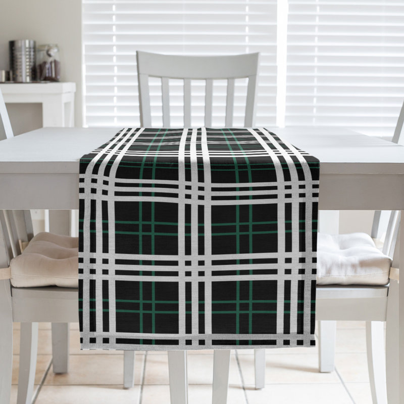 Chemin de table en polyester payant, L 72 po x l 16 po, Noir furtif / vert Gotham / blanc
