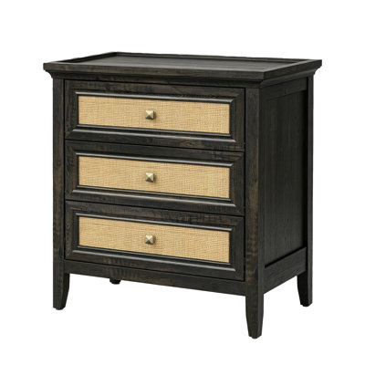 Modern Rustic Dark Oak Three Drawer Rattan Front Chest of Drawers Particle Board Storage Cabinet Easy Assembly Freestanding Organizer for Bedroom Hallway Living Room Decor