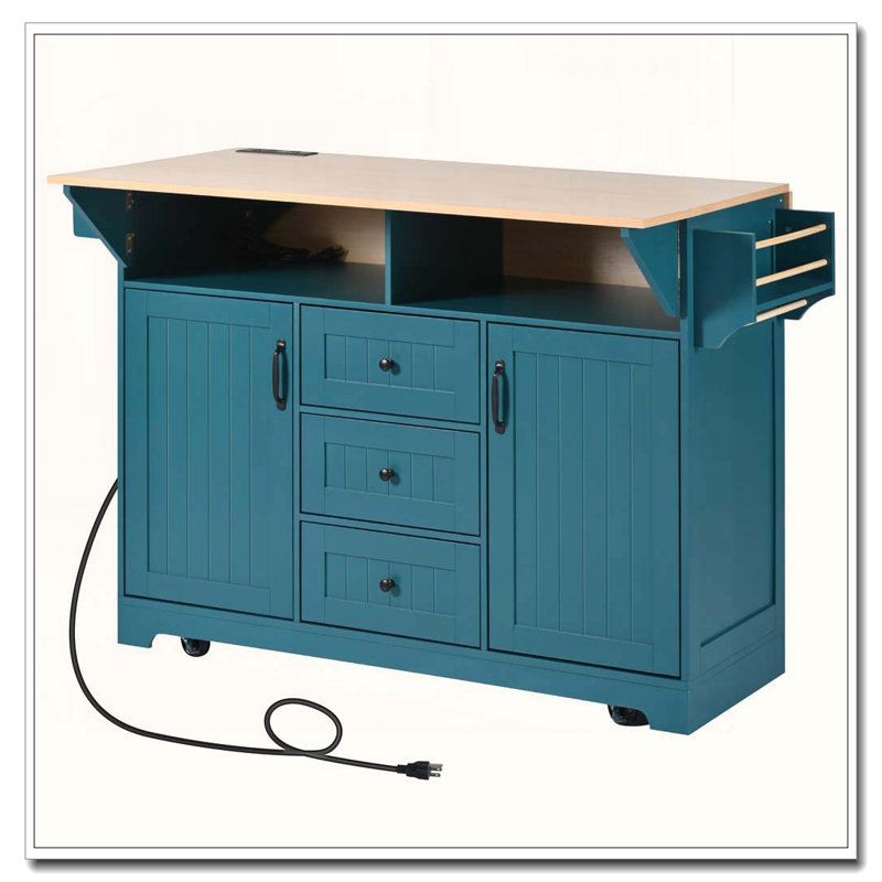 55.7" Kitchen Island with 2 Drop Leaves & Power Outlet (Two Packages), Green