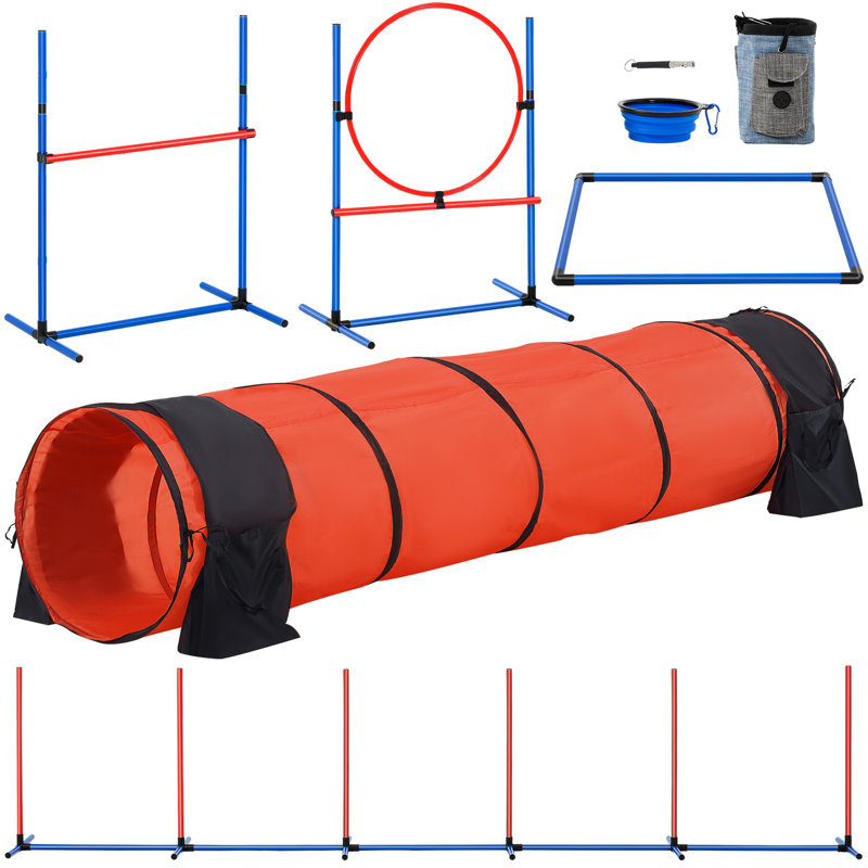 Équipement de dressage d'agilité pour chien, ensemble de mise à niveau 5 PCS avec haies hautes réglables, 6 poteaux de tissage, tunnel prolongé, anneau de saut, boîte de pause, sifflet, bol pliable, trousse de parcours pour chiot avec sac de rangement