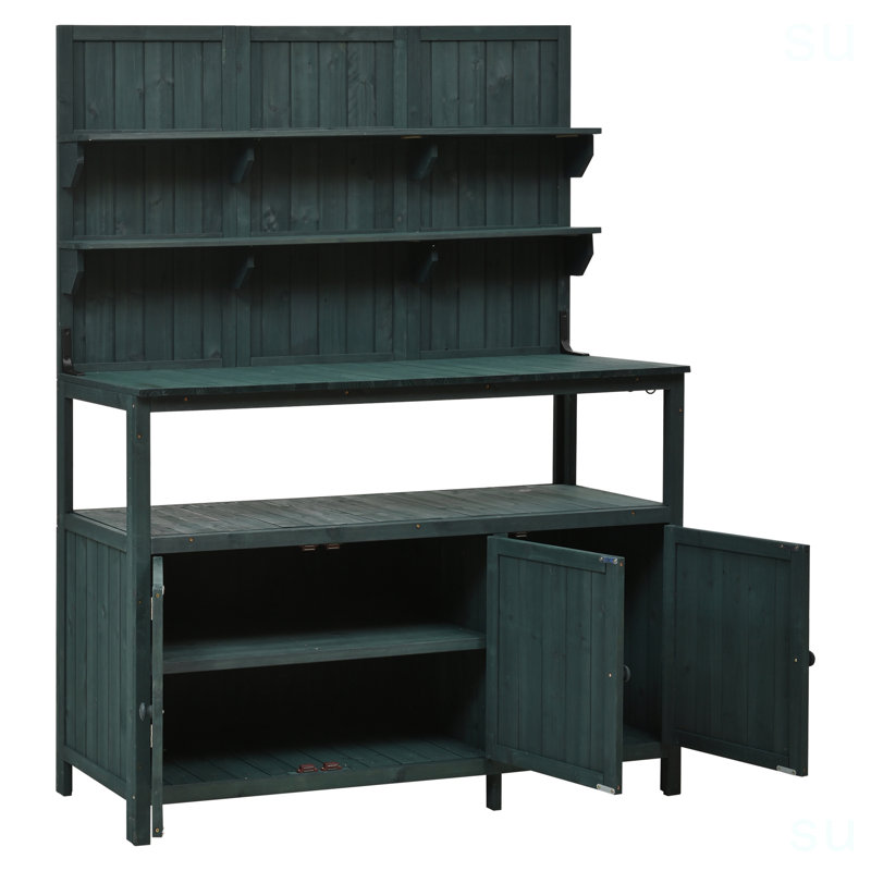 Topmax Potting Bench With Hutch, 50.2" Solid Fir Wood Garden Workstation, Large Countertop, 2 Shelves, 2 Cabinets, 3 Side Hooks, Outdoor Planting Table For Gardening