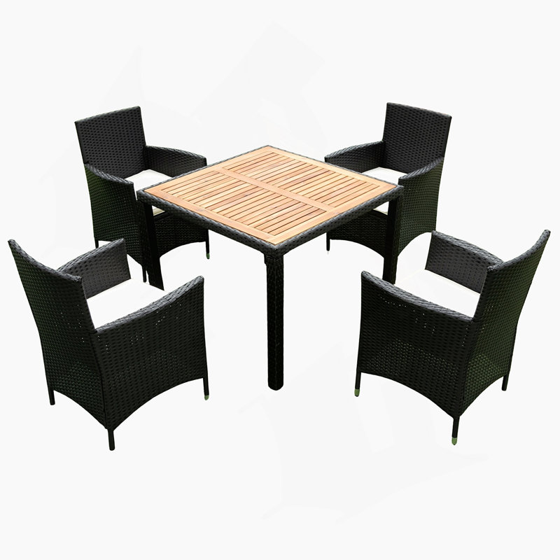 Ensemble de salle à manger d'extérieur 5 pièces en osier avec plateau en bois d'acacia